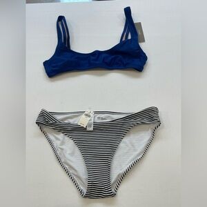 Bikini J.Crew Small Blue Scoop Bra Top + Aerie Striped Black White Medium Bottom